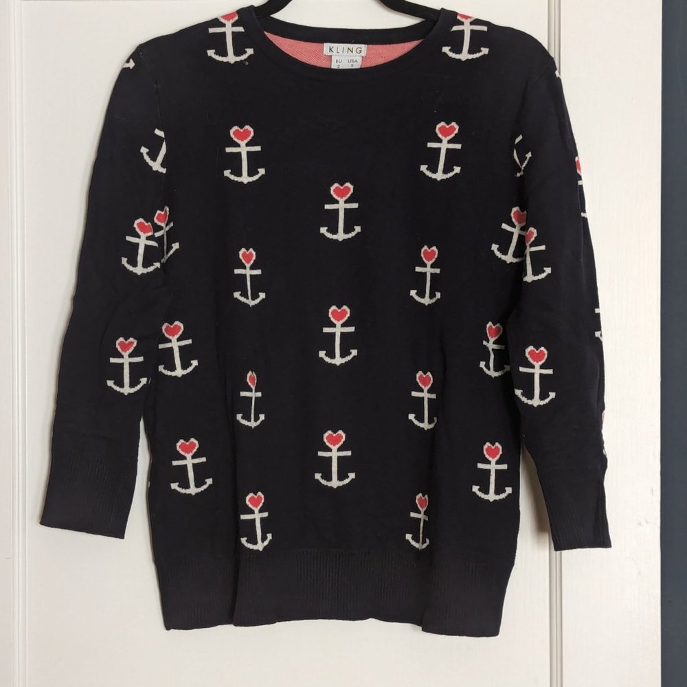 Kling Navy Blue Anchor/Heart Cotton Sweater, Small